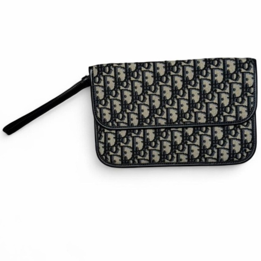 Christian Dior Oblique Navy Blue Canvas Flap Pouch Clutch Dustbag Box Authentic - Picture 2 of 8
